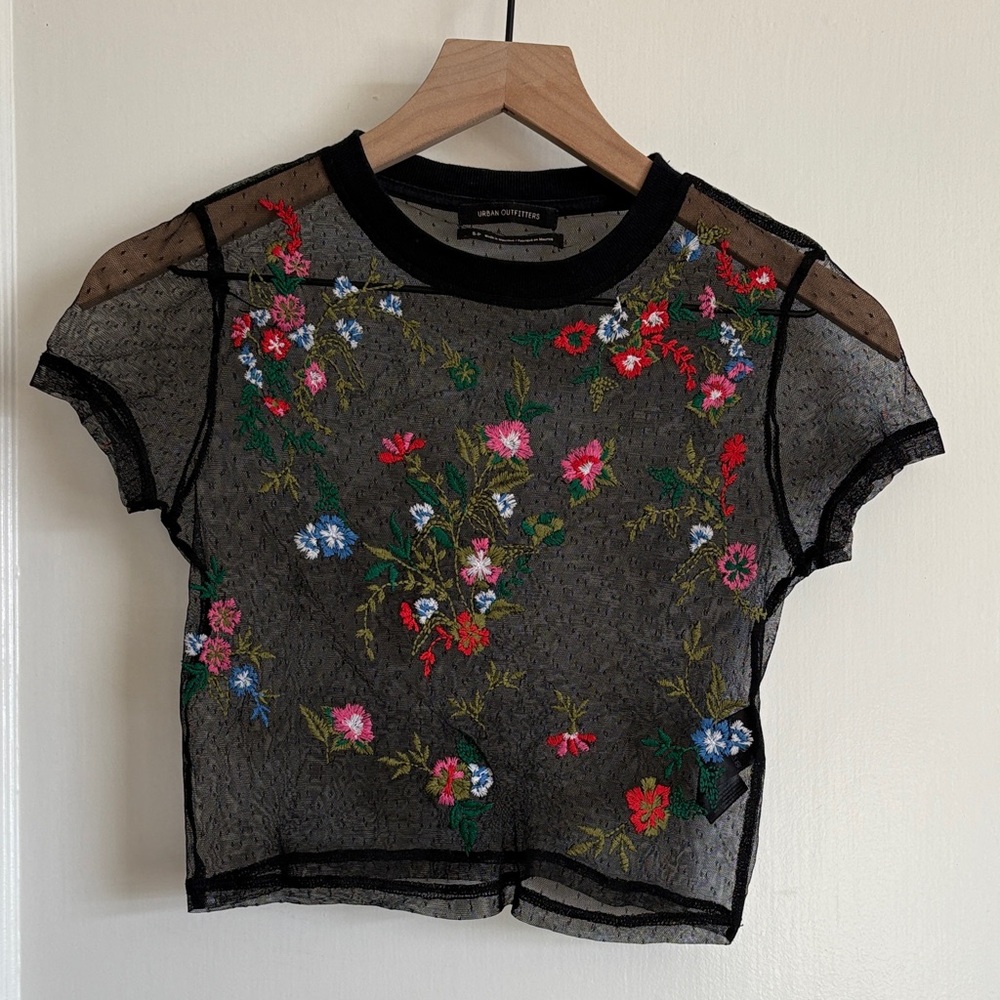 Urban Outfitters Black Sheer Floral Crop Top